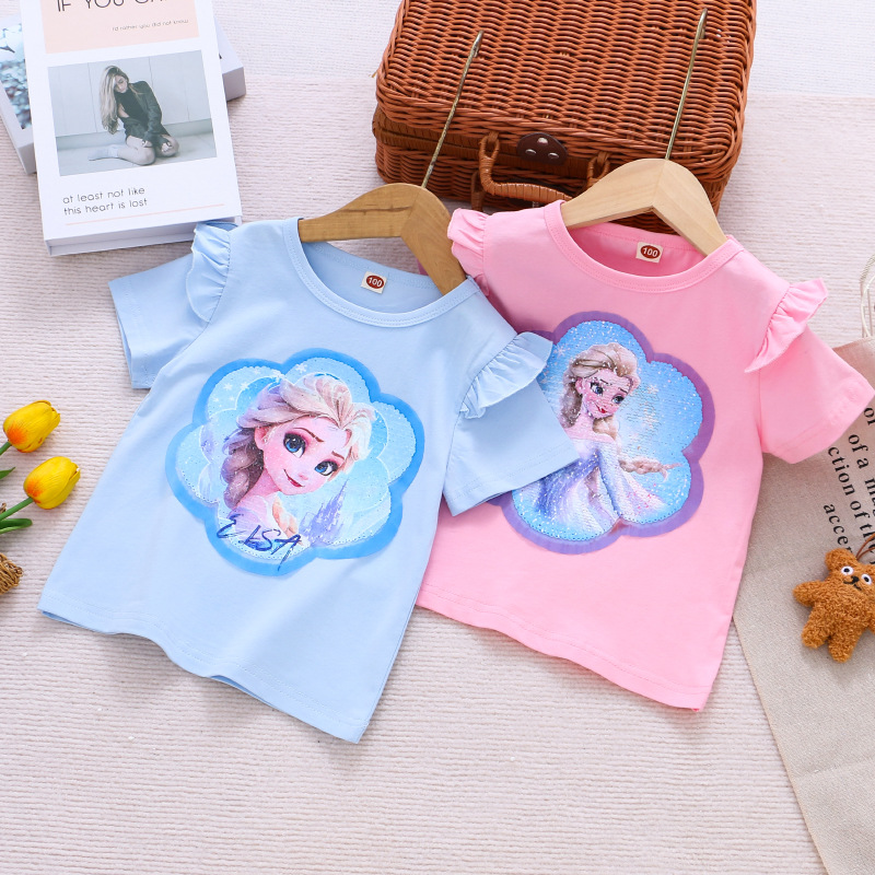 DISNEY Frozen Princess Elsa Kids designer clothes toddler designer clothes cartoon printed T-shirt for baby girl summer children's clothes short-