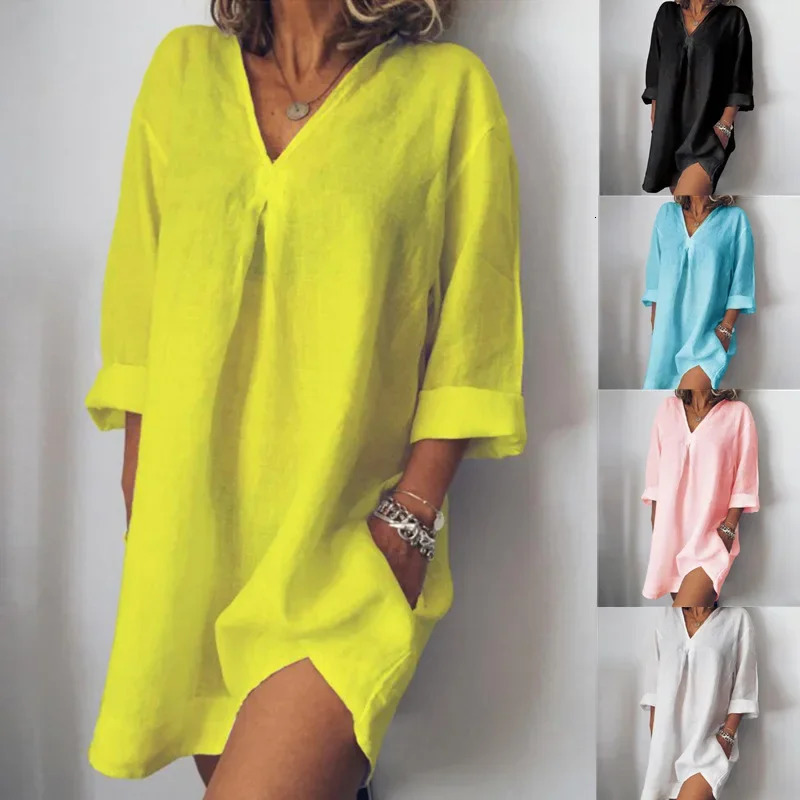 Selling Womens Summer Dress PocketV Neck Seven-A Half Sleeve Cotton Linen Fabric European And American Style Dress250514
