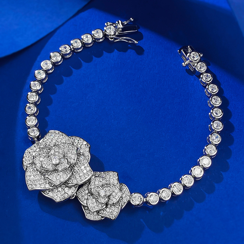 S925 Sterling Silver Full Diamond Camellia Rose Bracelet, Fashion Elegant Floral Jewelry with Sparkling Design for Women