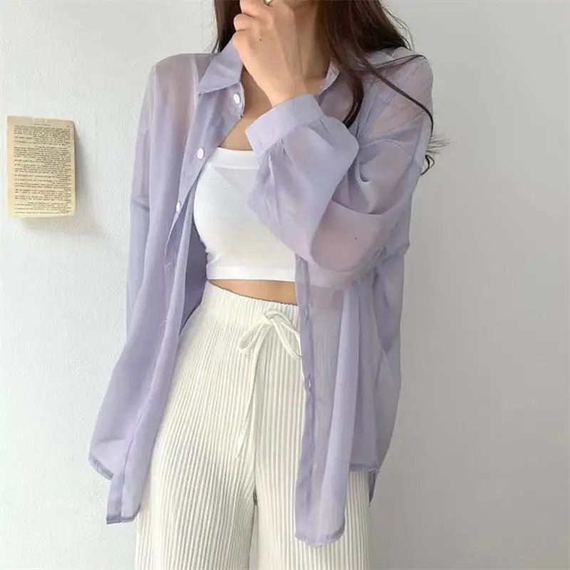7 Colors Shirt Sheer Thin Chic Summer Simple Solid Sunproof Tops Fashion Baggy Allmatch Basic Korean Style Sexy Clothes 250516Z