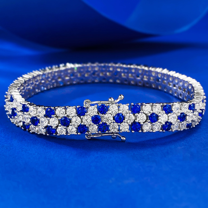 Elegant S925 Sterling Silver Bracelet with Royal Blue Full Diamonds, Trendy Fashionable Ins-style Jewelry, Perfect Gift for Her