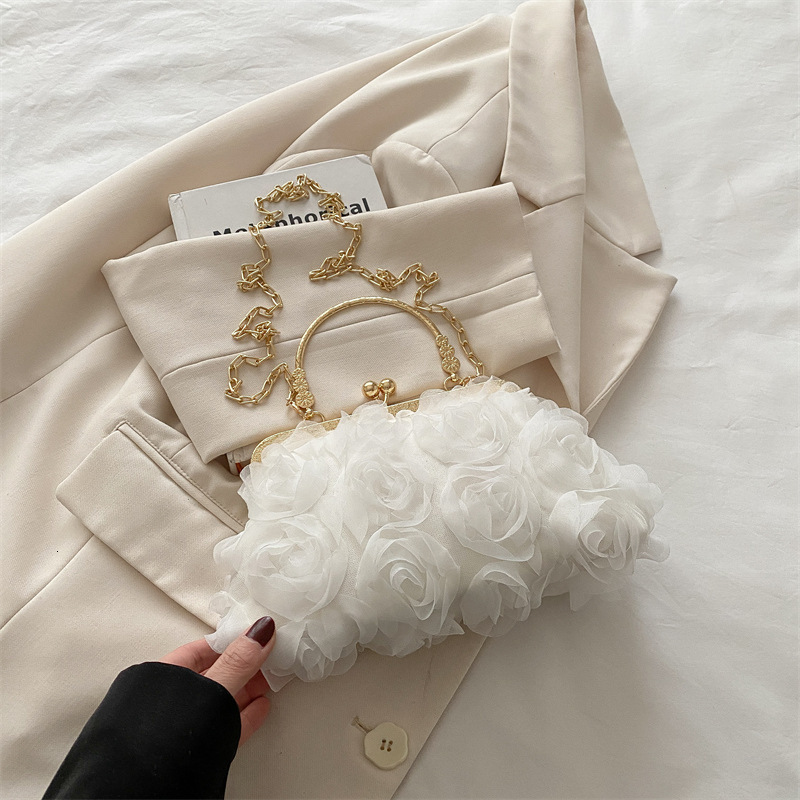 Free Delivery Designer Bag Chiffon 3D Flower Banquet Champagne Women's Cheongsam Handmade Dress Chain Decorative Bag Hand Luxury Bag