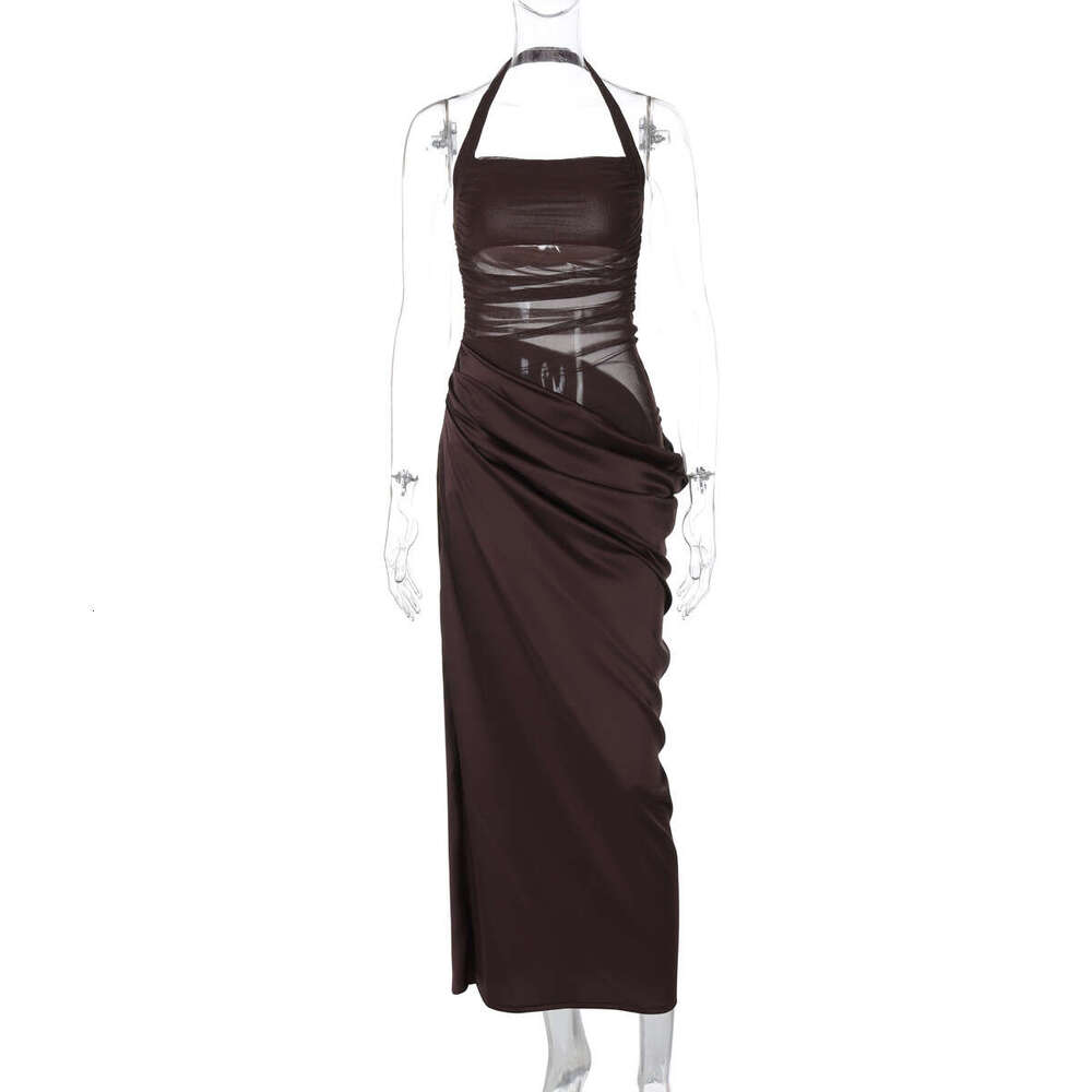 Sheath Dress Sexy Mesh Patchwork Dress Slim Fit Backless Solid Color Waist Hanging Neck Elegant Long Skirt Women S Clothing Summer Dress