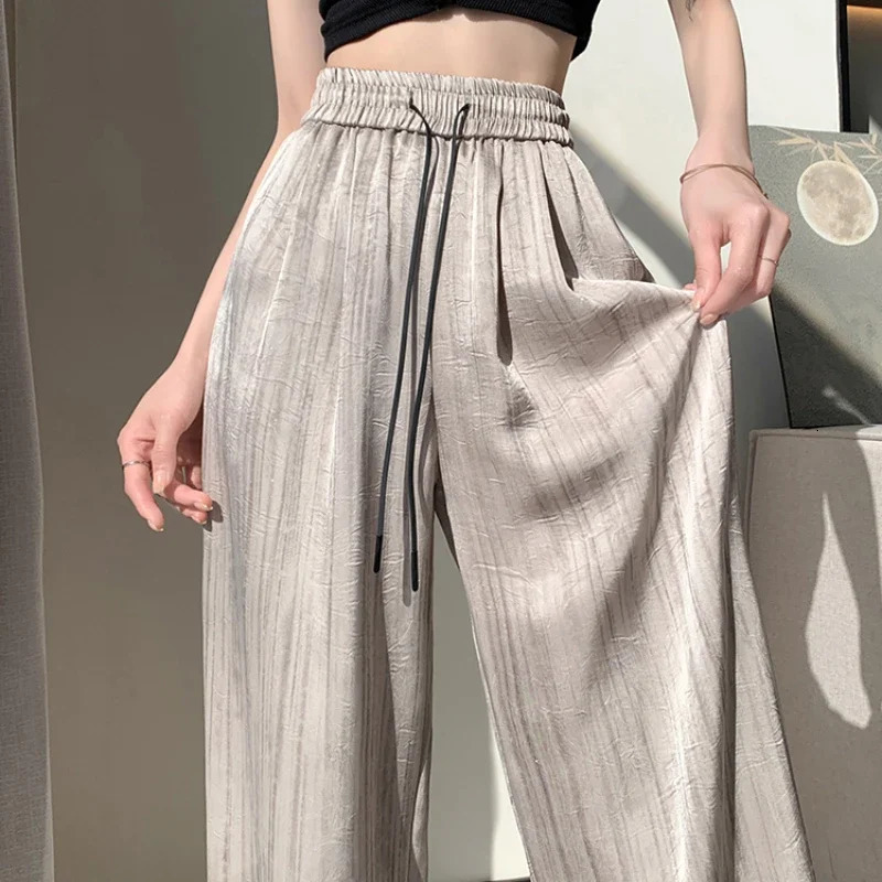 2025 Summer Vintage Ice Silk Satin Ink Printed Wide Leg Pant for Women High Waist Casual Loose Straight Full Length Trousers 250517