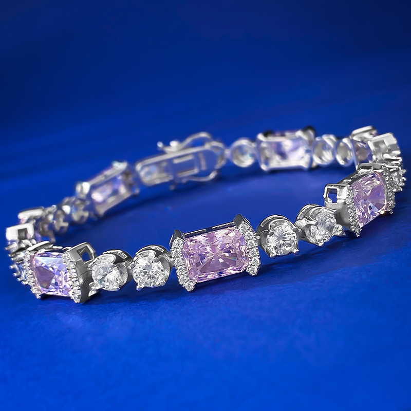 New S925 Sterling Silver Pink Diamond Bracelet 6x8mm Ice-Cut Zirconia Full Diamond Luxury Minimalist Elegant Women's Jewelry