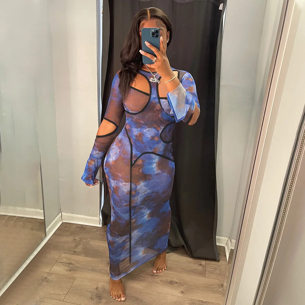 Sexy Hollow out Print See Through Maxi Dress Women Long Sleeve Slim Fit Party Vestido Summer Night Club Clothes 250517