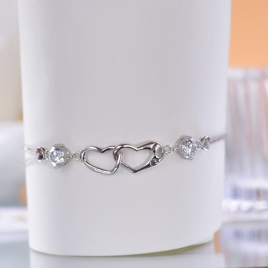 Heart-to-Heart Pure Silver Moissanite Bracelet Ideal for Valentine's Day or Daily Surprises In Stock Now