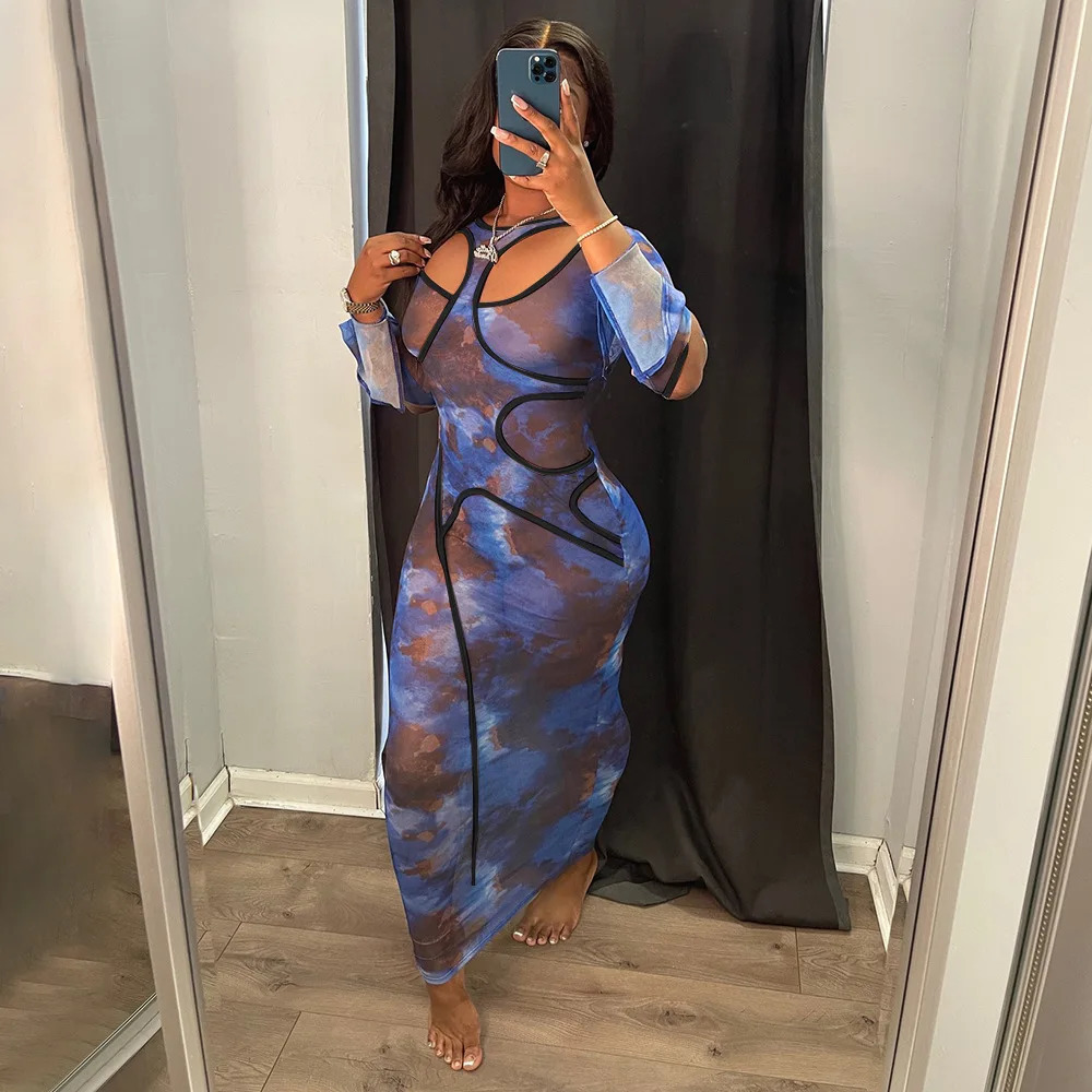Sexy Hollow out Print See Through Maxi Dress Women Long Sleeve Slim Fit Party Vestido Summer Night Club Clothes 250517