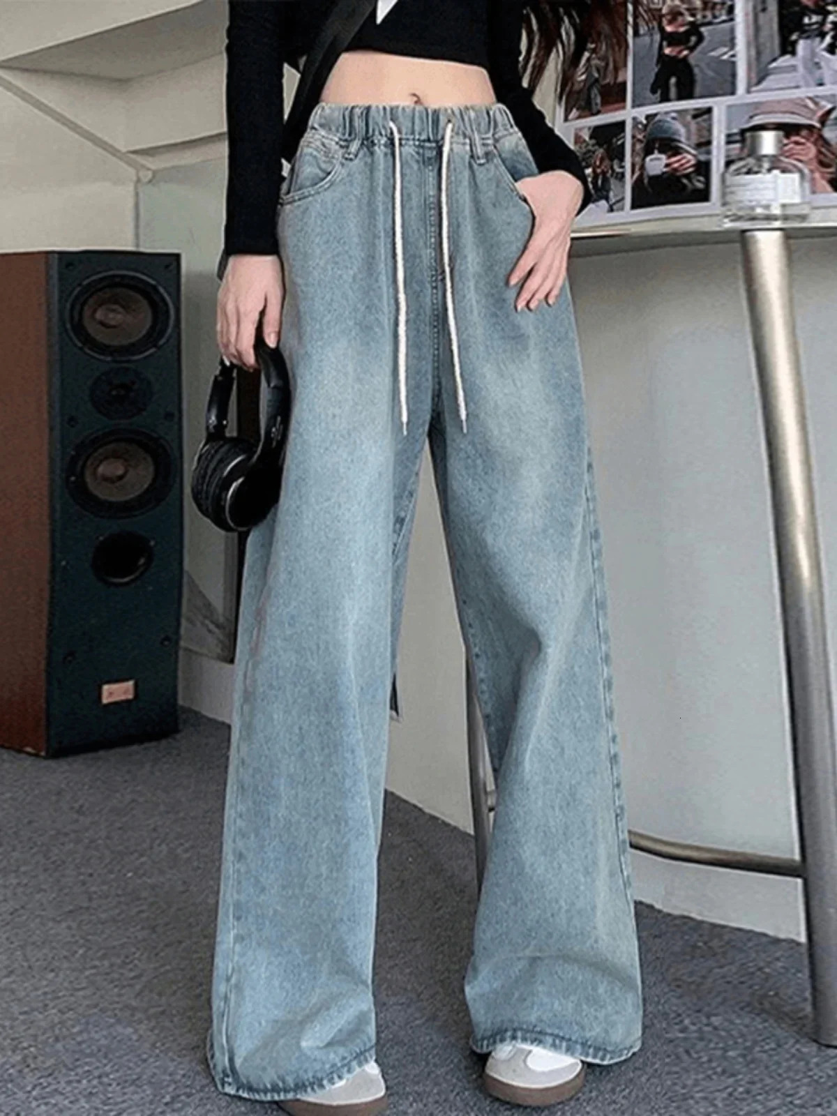 Botvotee Elastic Waist High Wide Leg Jeans for Women Loose Straight Blue Long Denim Pants Female Fashion Streetwear 250513Z