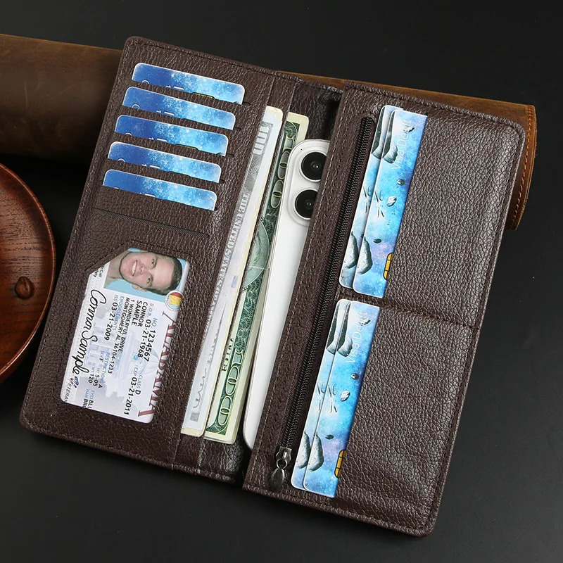 Mens Business Leather Slim Wallet Long Clutch Bifold Checkbook Credit Card Holder Purse with Zipper Coin Pocket Gift for Men 250519