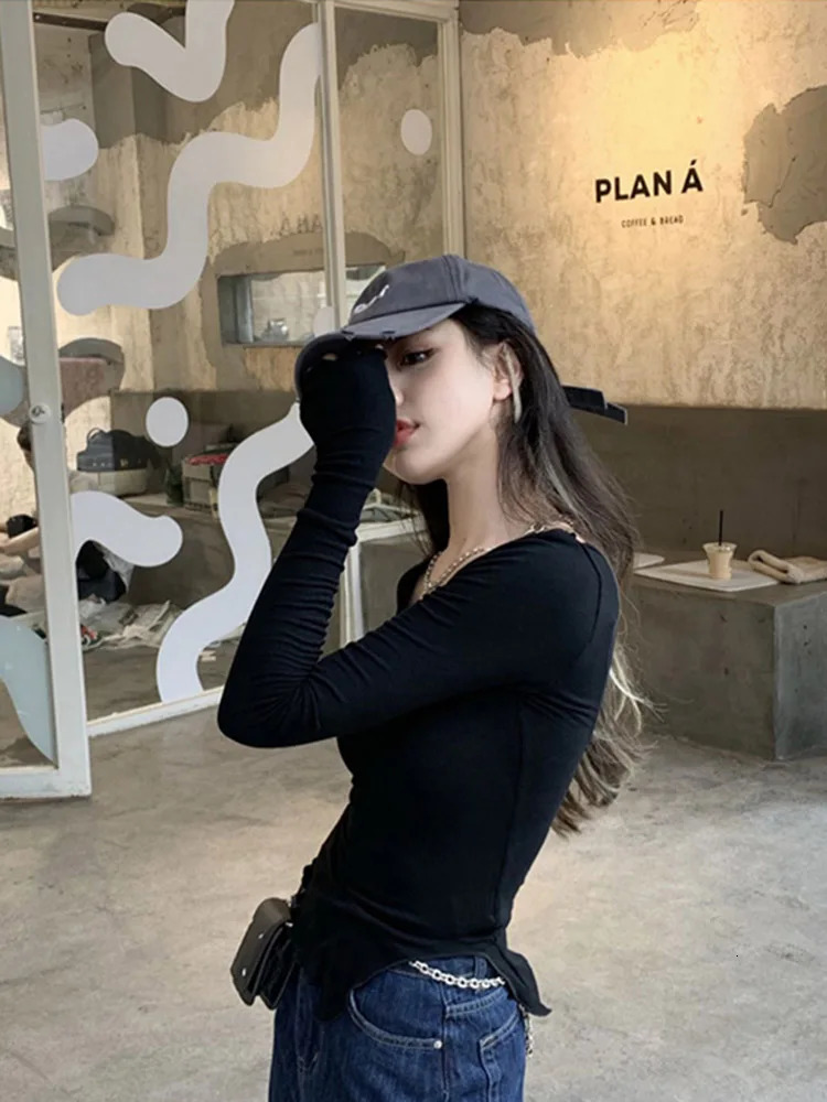 Long Sleeve T-shirts Women Fungus Line Irregular Hem Knitted Slender Autumn Bottoming Tees Chic Fashion Sexy Solid Ulzzang 250517CJ