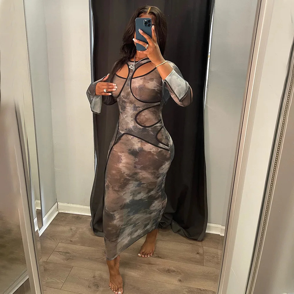 Sexy Hollow out Print See Through Maxi Dress Women Long Sleeve Slim Fit Party Vestido Summer Night Club Clothes 250517