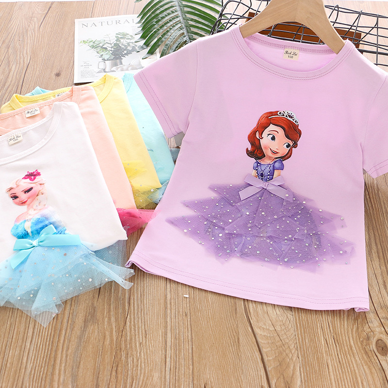 DISNEY girls designer clothes toddler designer clothes Frozen Princess Elsa Girls' short-sleeved tops are comfortable and soft Girls T-shirt summ