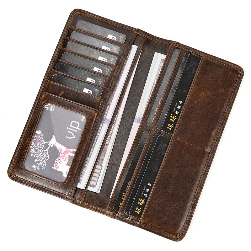 Casual Long Wallet Men Mobile Phone Male Long Purse Bifold Card Wallet Natural Cow Skin Leather Purse Men Business Card Holder 250519