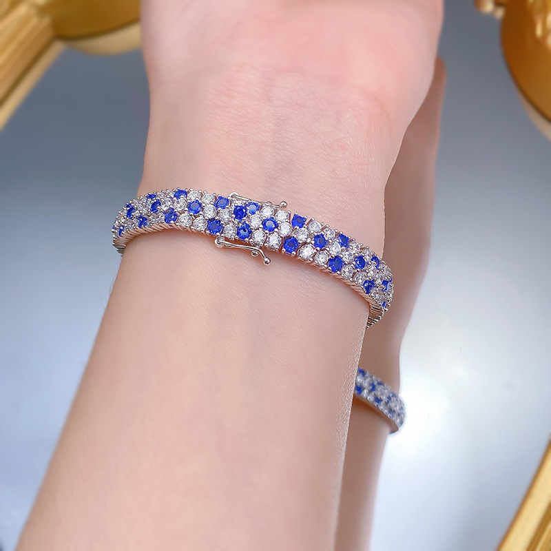 Elegant S925 Sterling Silver Bracelet with Royal Blue Full Diamonds, Trendy Fashionable Ins-style Jewelry, Perfect Gift for Her