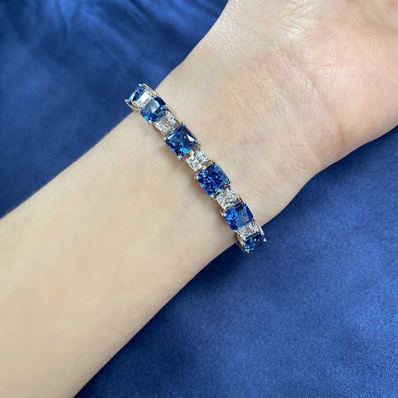 New 925 Sterling Silver Fashion Blue Simulated Diamond Bracelet for Women Elegant Ice Flower Design Luxury Gift Choice