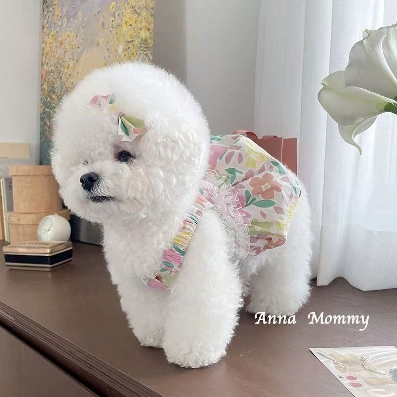 T00235 Dog clothes pet spring and summer floral suspender dress Teddy Bichon Pomeranian small puppy cat cute