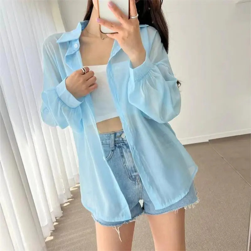 7 Colors Shirt Sheer Thin Chic Summer Simple Solid Sunproof Tops Fashion Baggy Allmatch Basic Korean Style Sexy Clothes 250516Z