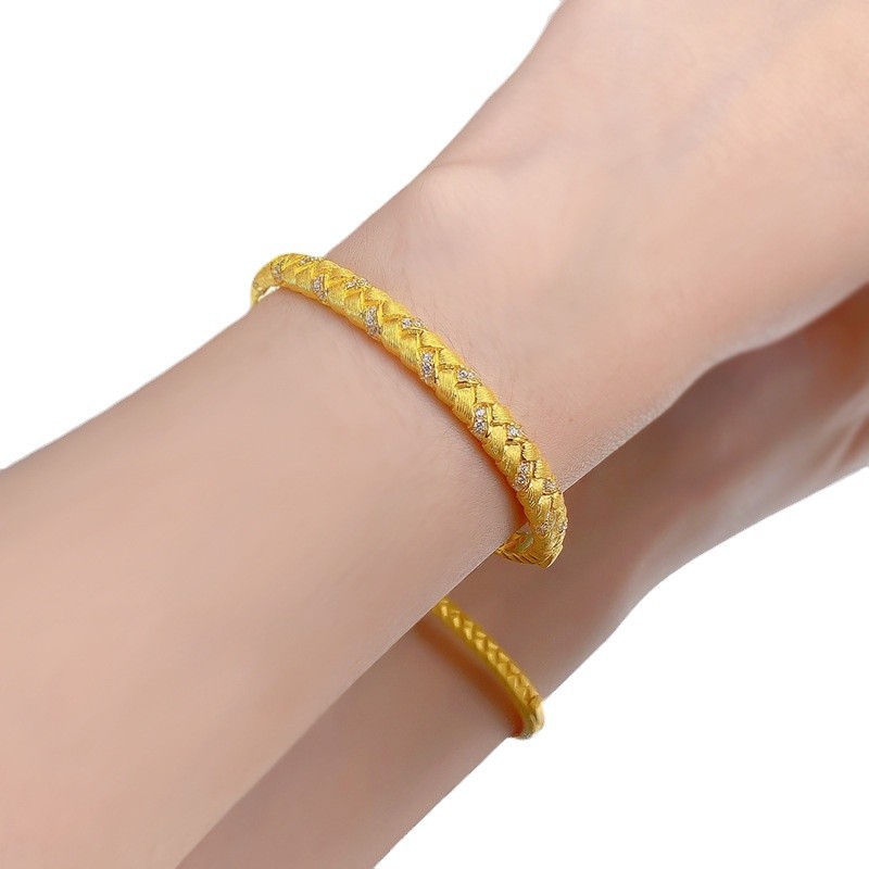 Elegant S925 Sterling Silver Gold-Plated Woven Wheat Stalk Bracelet with Polka Dot Design, Matte Texture, Luxury Braided Cuff for Women