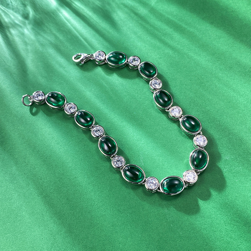 New 925 Sterling Silver Imitation Emerald 6x8mm Chalcedony Zircon Bracelet, Classic Stylish Elegant Jewelry for Daily Wear