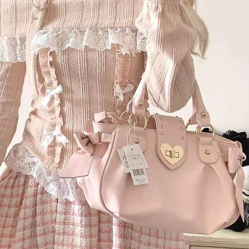 Brand Pink Bow Handbag High Quality Large Capacity Ladies Messenger New Japanese Retro Commuter Women's Bag
