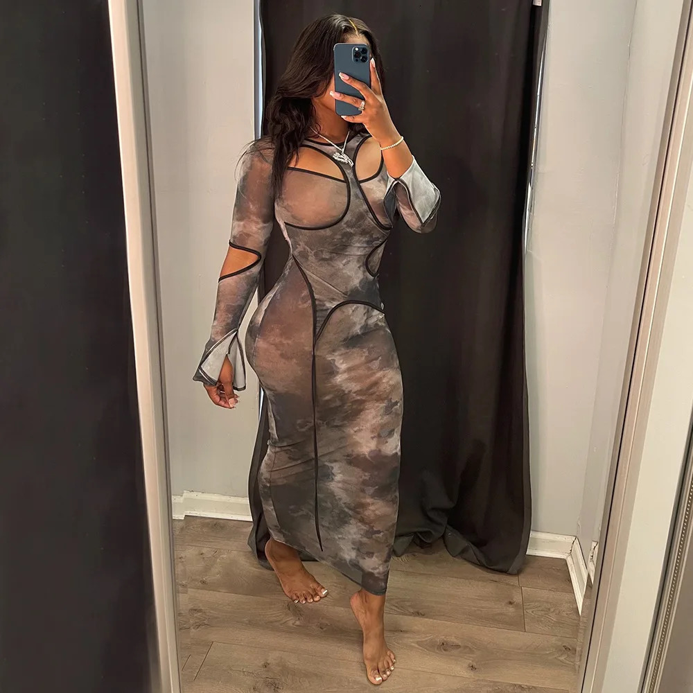 Sexy Hollow out Print See Through Maxi Dress Women Long Sleeve Slim Fit Party Vestido Summer Night Club Clothes 250517