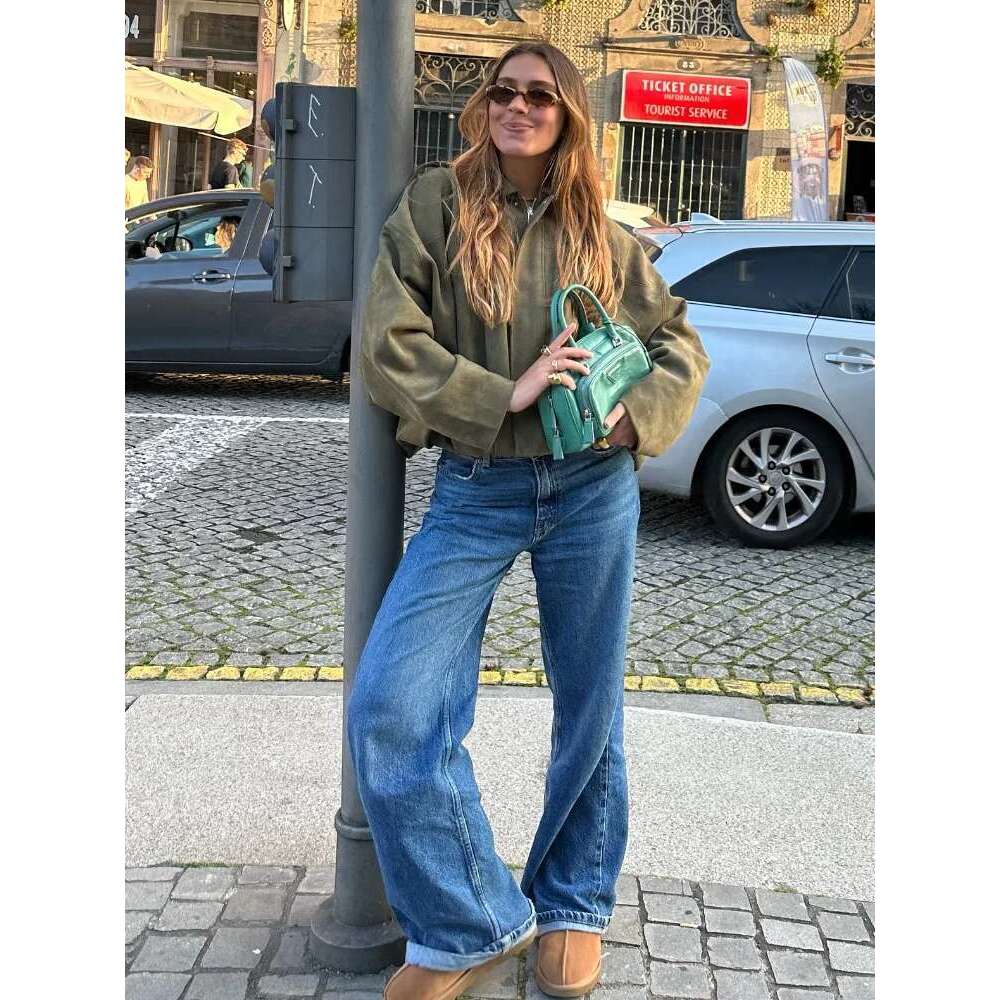 Fashion Suede Zipper Bomber Jacket For Women Vintage Turn Down Collar Long Sleeve Coats Lady New Street Chic Short Outerwear Designer