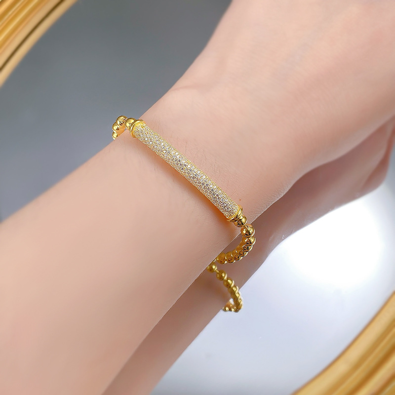 New European Style Gold Beaded Bracelet with Adjustable Full Crystal Zirconia Bar, Fashionable and Elegant Dainty Chain Jewelry for Women