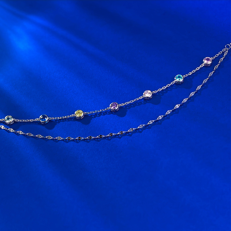 New S925 Sterling Silver Double Layer Rainbow Zircon Adjustable Bubble Bracelet Fashion Jewelry