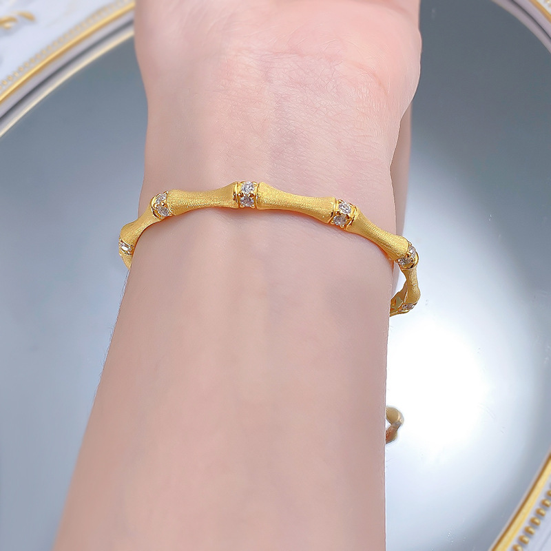 New S925 Sterling Silver Italian Vintage Handmade Brushed Bamboo Bracelet with Zirconia Accent, Adjustable Elegant Bamboo Style Bangle