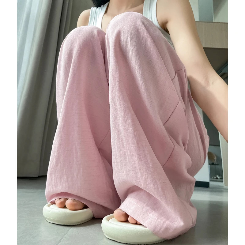 2025 Summer Cotton and Linen Womens Wide Leg Pants Solid Ice Silk High Waist Straight Casual Loose Suit Trousers Female 250517