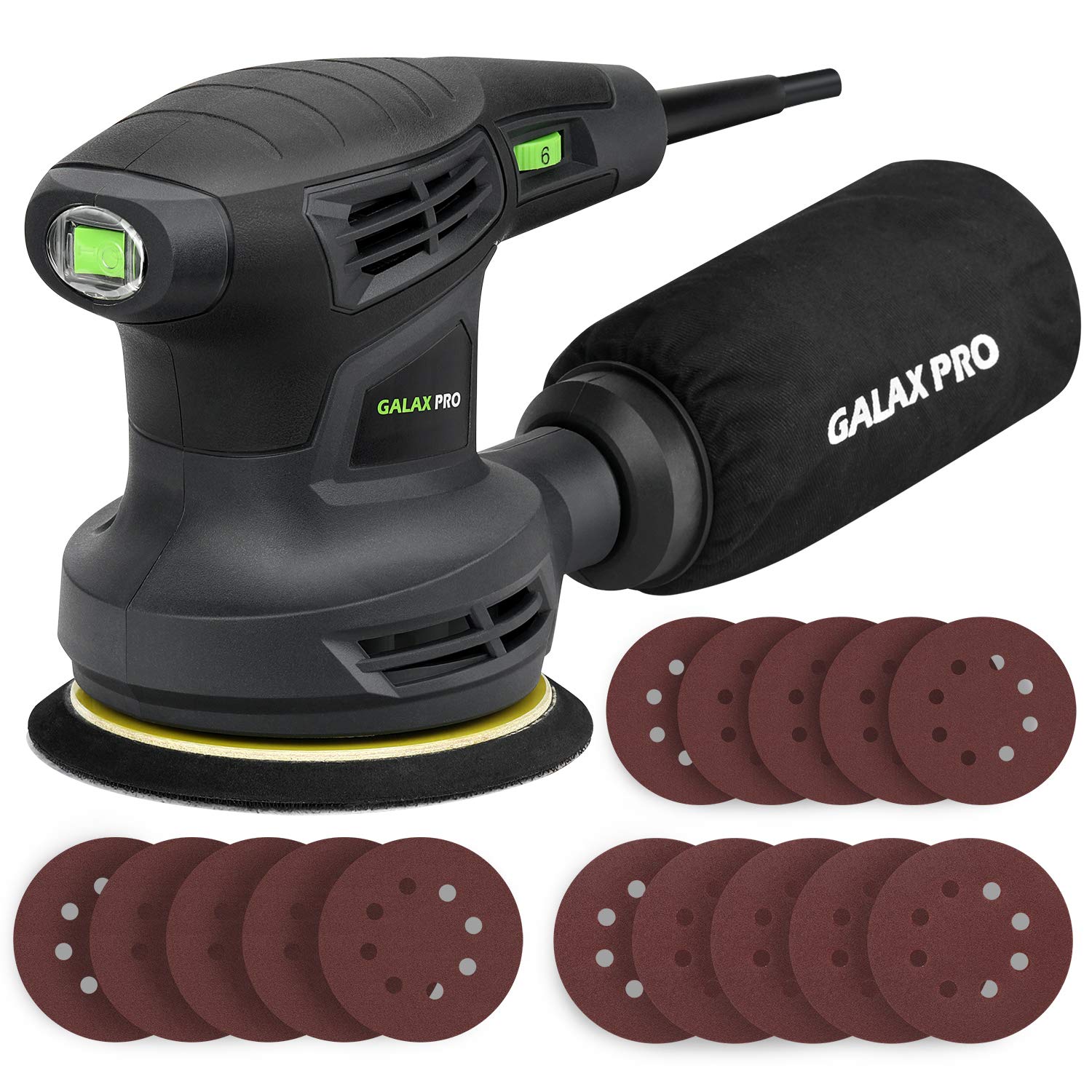 GALAX PRO Orbital Sander, 280W 13000 OPM Random-Orbit Sanders 6 Variable Speeds with 15Pcs Sanding Discs 125mm Electric Sander with Dust Collector