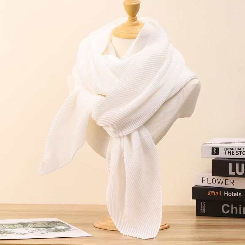 T751 solid color fashion new Korean silk scarf wrinkled warm shawl ladies autumn and winter all-match pleated thickened neck scarf