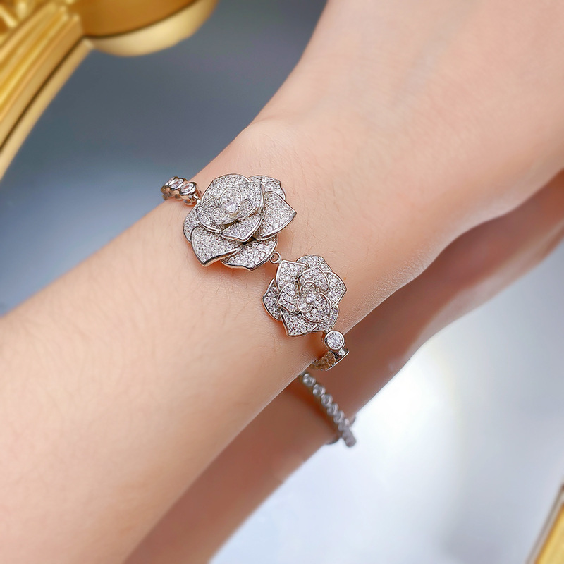 S925 Sterling Silver Full Diamond Camellia Rose Bracelet, Fashion Elegant Floral Jewelry with Sparkling Design for Women