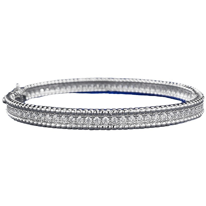 925 Sterling Silver White Gold Plated Double Row Zircon Bracelet for Women, Stylish Minimalist Fine Chain Bangle, Elegant Shine for Daily Wear & Gifts