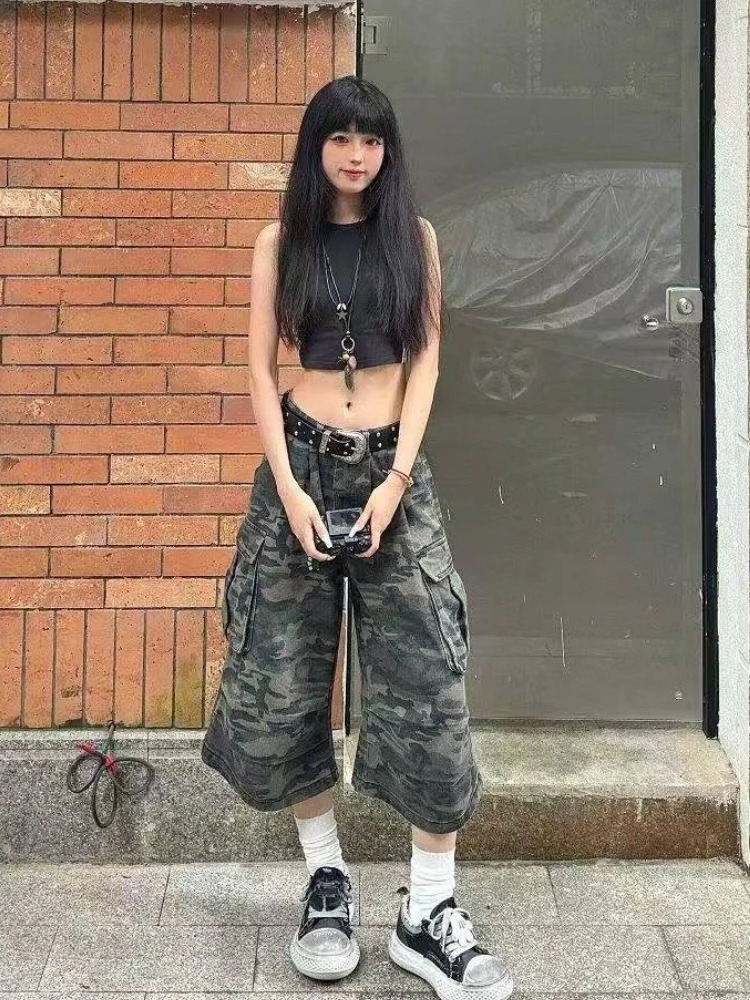 2025 Y2k Retro Women Low Rise Jorts Brushed Black Wash Cropped Baggy Jeans Wide Leg Frayed Denim Short Pants Acubi Fashion 250517