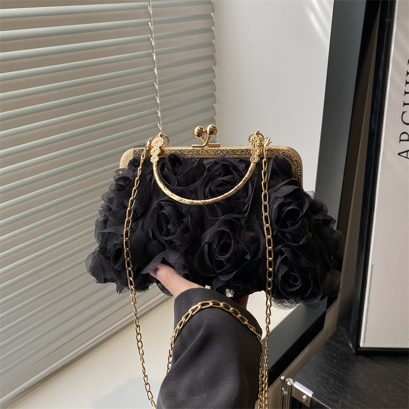 Free Delivery Designer Bag Chiffon 3D Flower Banquet Champagne Women's Cheongsam Handmade Dress Chain Decorative Bag Hand Luxury Bag