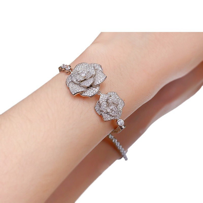 S925 Sterling Silver Full Diamond Camellia Rose Bracelet, Fashion Elegant Floral Jewelry with Sparkling Design for Women