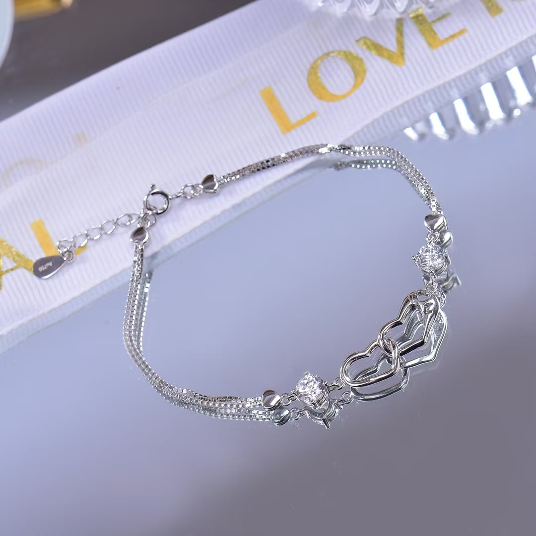 Heart-to-Heart Pure Silver Moissanite Bracelet Ideal for Valentine's Day or Daily Surprises In Stock Now