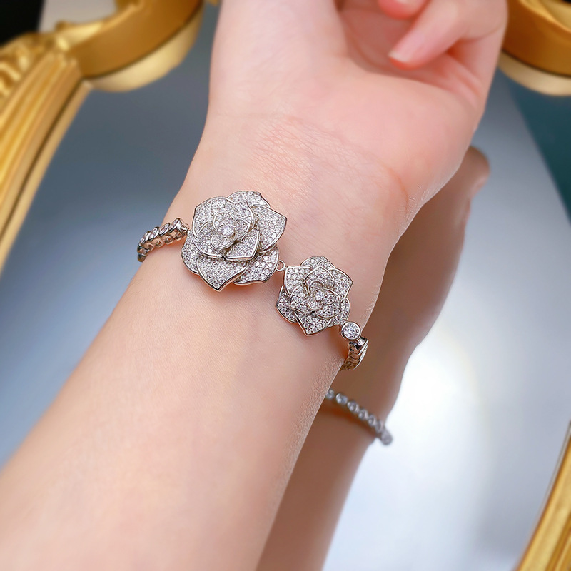 S925 Sterling Silver Full Diamond Camellia Rose Bracelet, Fashion Elegant Floral Jewelry with Sparkling Design for Women