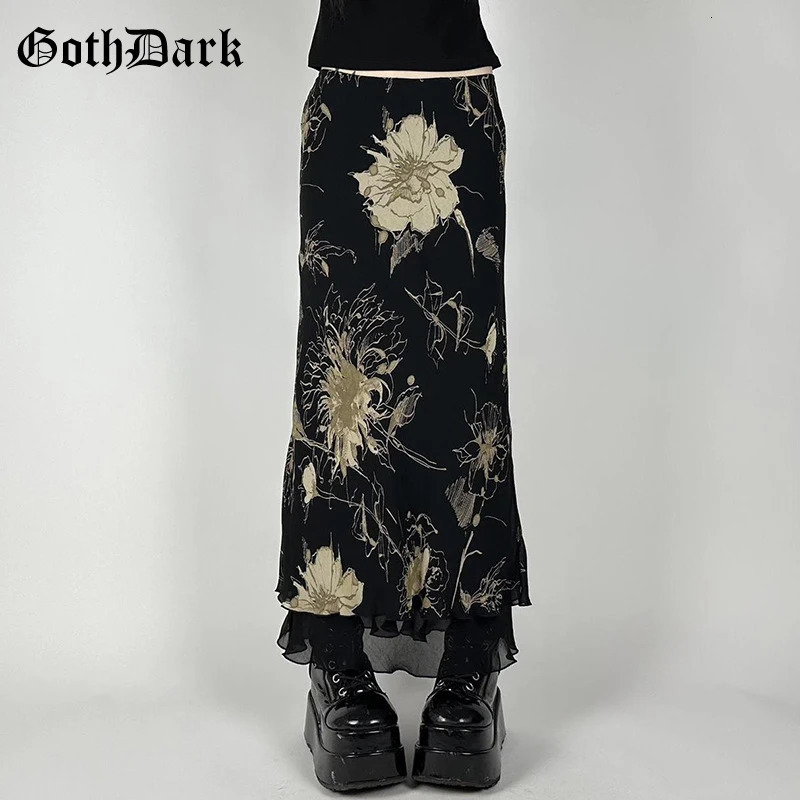 Goth Dark Y2K Aestheics Double Layer Mesh A-line Skirt Women Fashion Florals Print Slim Skirts Fairy Streetwear Gothic Bottoms 250517