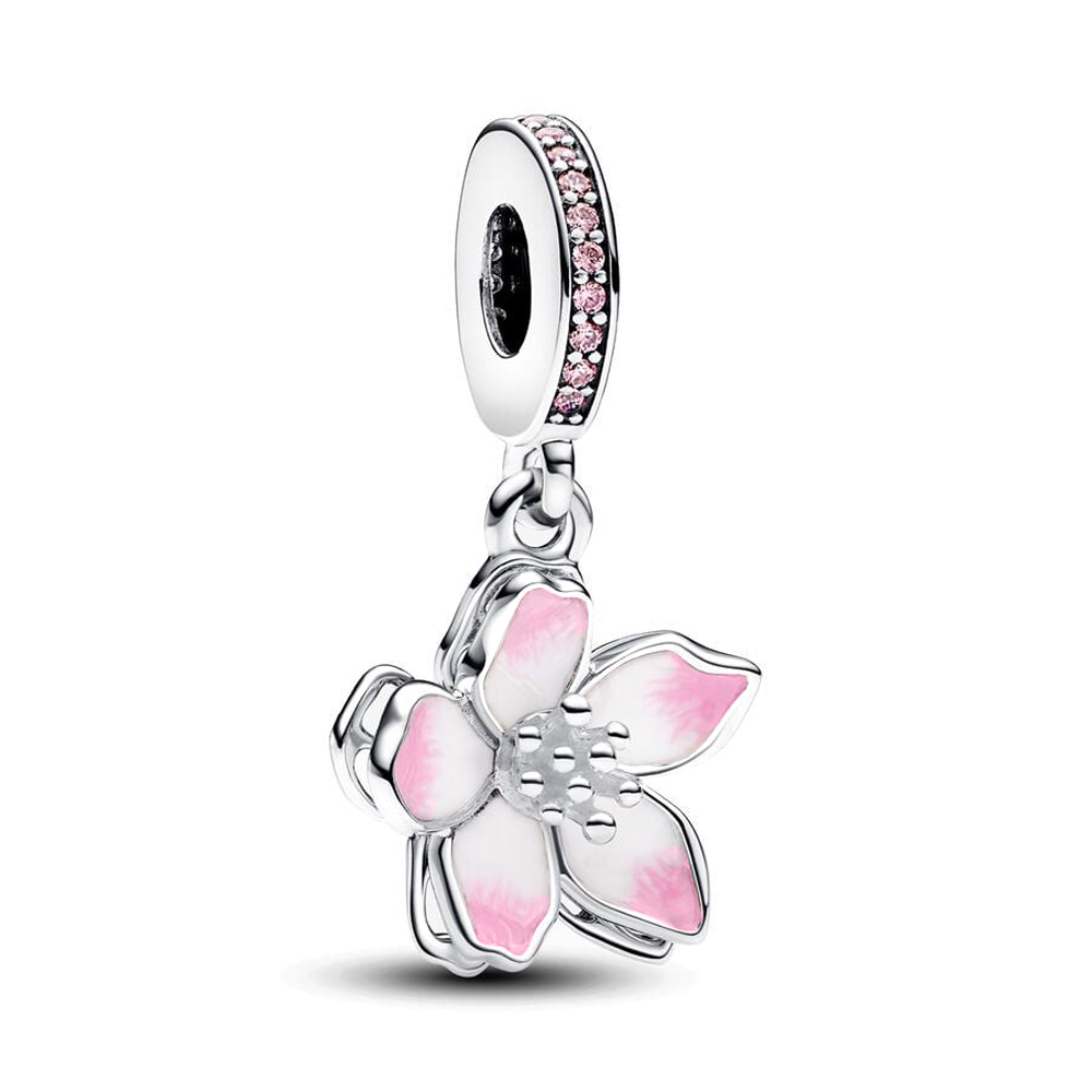 FewDook 2025 New Original Desgin Blue Cherry Blossom Dangle Charm & Rings Set Fit Pan Charms Bracelet Necklace DIY Women Summer Vintage Fine Jewelry G