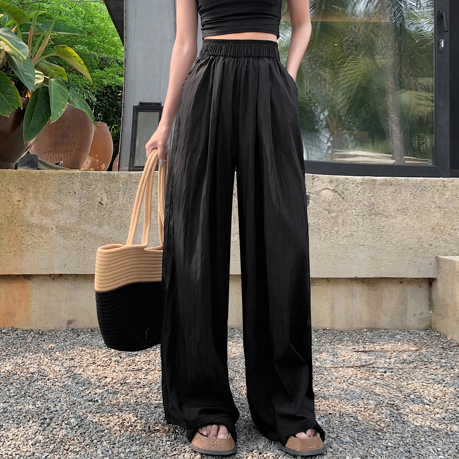 Seoulish Ice Silk Pleated Womens Trousers Summer High Waist Draping Casual Loose Full Length Wide Leg Pants Female 250517