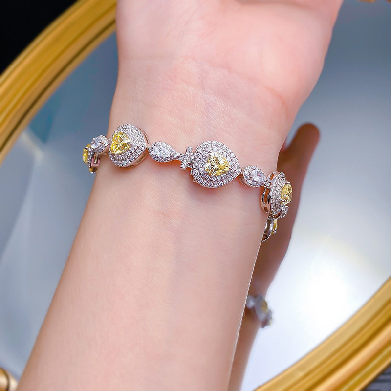S925 Silver Heart-Shaped Yellow Diamond Bracelet for Women, Full Diamond Luxury Design, Elegant Gift for Her