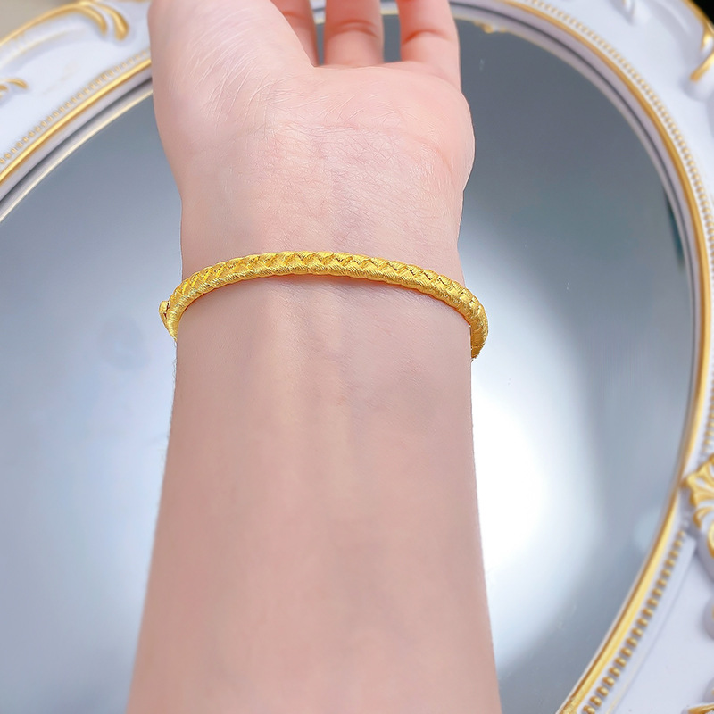 Elegant S925 Sterling Silver Gold-Plated Woven Wheat Stalk Bracelet with Polka Dot Design, Matte Texture, Luxury Braided Cuff for Women