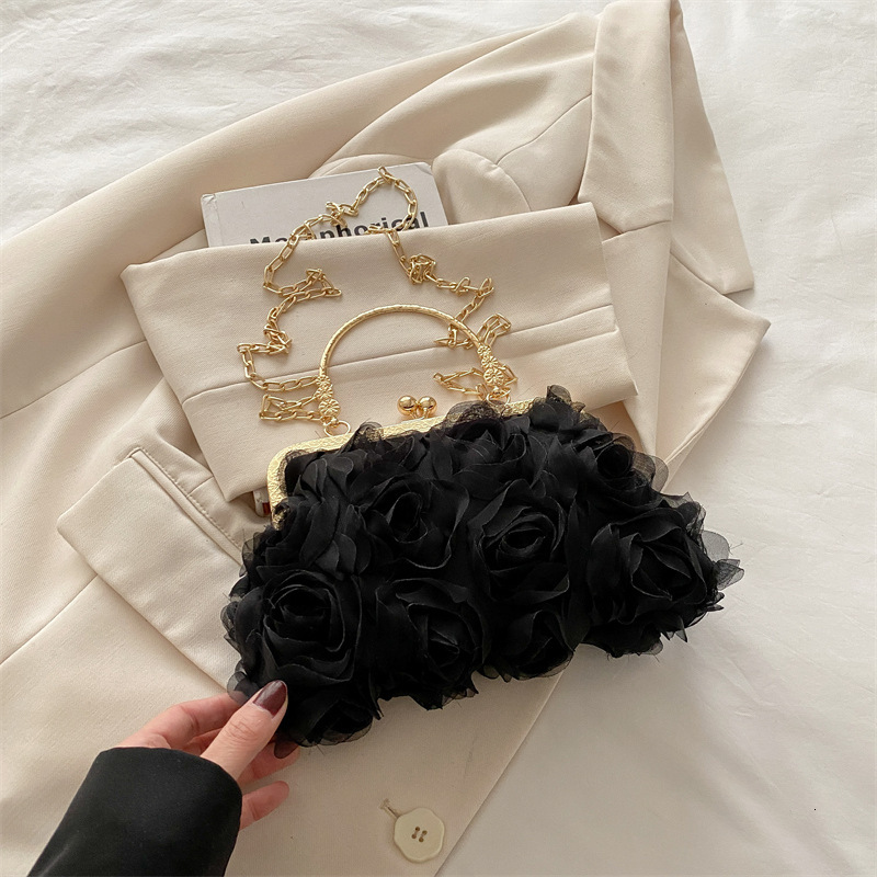 Free Delivery Designer Bag Chiffon 3D Flower Banquet Champagne Women's Cheongsam Handmade Dress Chain Decorative Bag Hand Luxury Bag