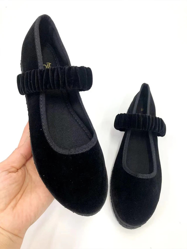 Elastic Band Velvet Mary Janes Ballet Flats Shoes Women Trend Solid Color Fabric Canvas Shoes Ladies Elegant Loafers Black 250515