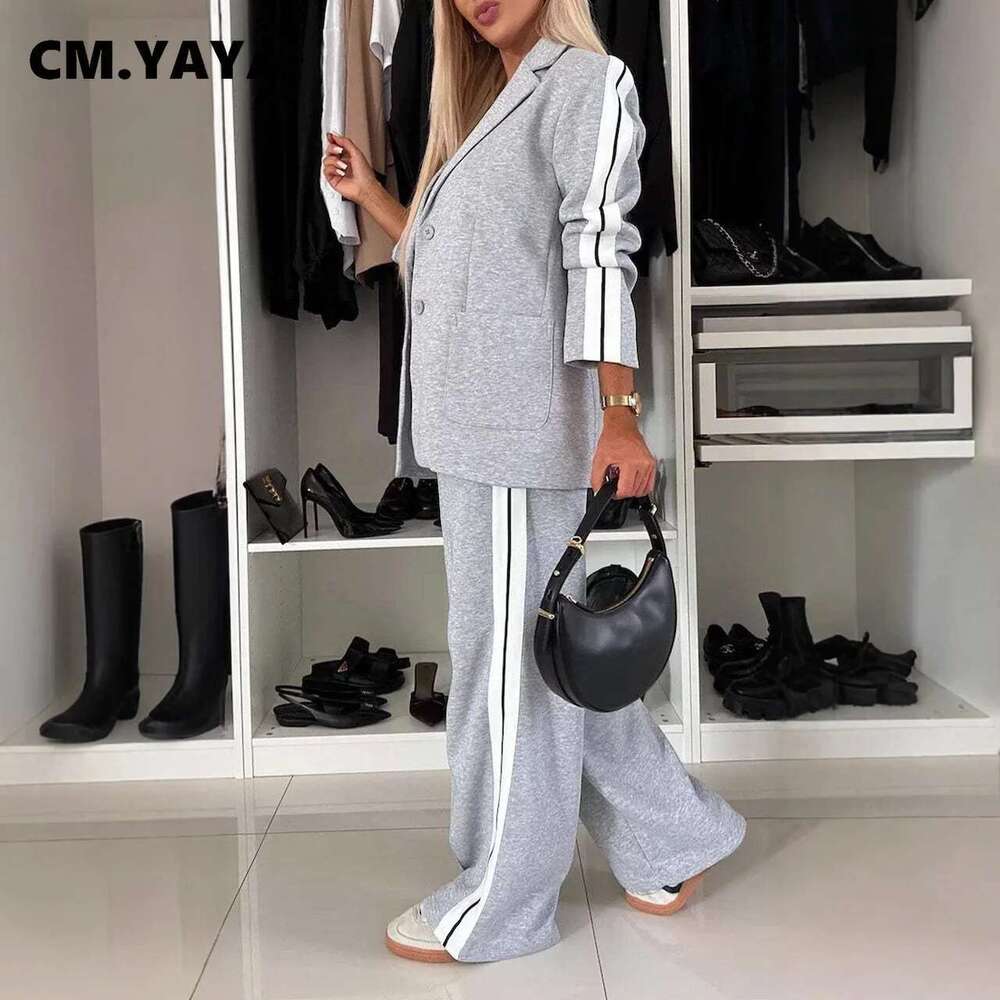 Cm.Yaya Elegant Women Pants Suit And Long Sleeve Blazer Matching OL Streetwear Two 2 Piece Set 2024 Winter Ribbon Outfits Designer