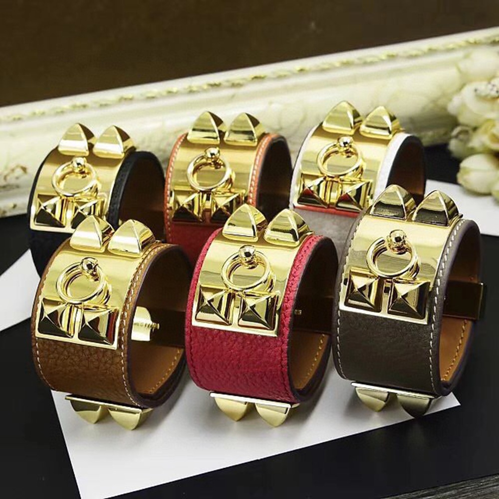 2025 litchi patterned genuine leather bangle bracelet for women mens wide exaggerated punk four rivet designer bracelets bangles jewelry Free shipping