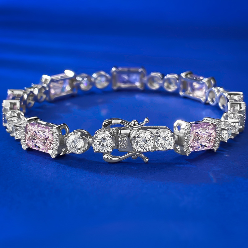 New S925 Sterling Silver Pink Diamond Bracelet 6x8mm Ice-Cut Zirconia Full Diamond Luxury Minimalist Elegant Women's Jewelry